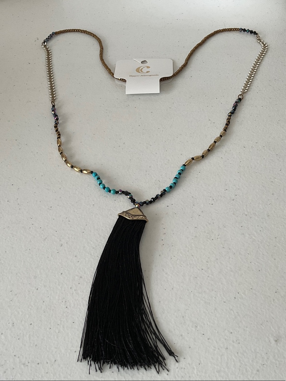 Charming Charlie Black Tassel Necklace with Turquoise Beads